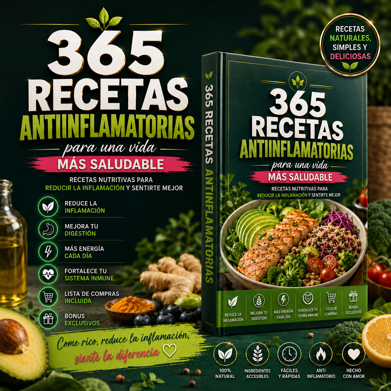 365 RECETAS ANTIINFLAMATORIAS + 4 BONUS EXCLUSIVOS